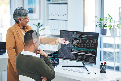 Image of Help, manager and employee with computer screen, programming and code with trading, coaching and mentor. Advice, supervisor and worker with pc, coding and cyber security with programmer and training