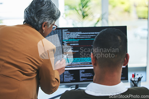 Image of Advice, manager and employee with computer screen, programmer and code with trading, coaching and database. Mentor, help and man with pc, coding and with programming, fintech and training a worker