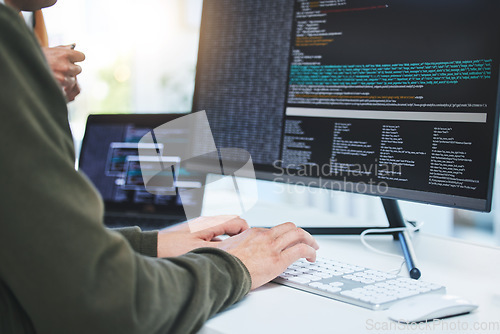 Image of Programming, developer and hands on computer for coding, software script or cyber security in office. Closeup of IT technician person with technology for typing code, future and data analytics