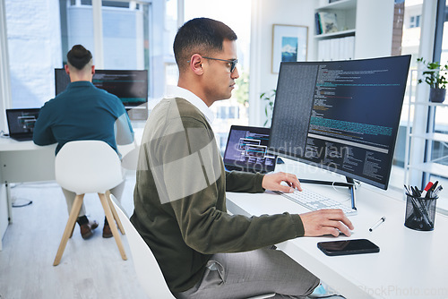 Image of Programming, software developer and a man at computer for coding, script or cyber security in office. IT technician person or programmer with technology for development, future or data analytics