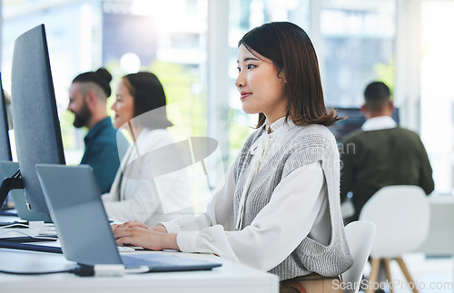 Image of Computer, email and employees working in a company or startup agency typing online document or research on internet. Website, web and corporate people in an office doing online communication