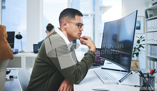 Image of Programmer man, software development and thinking at computer for coding, software script or cyber security. Technician person with technology for programming, future and data analytics or innovation