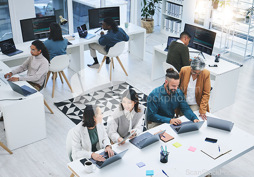 Image of Coworking, laptop and startup staff with senior mentor and teamwork for online project. Planning, computer and working business people with digital market research for marketing company with boss