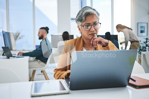 Image of Business, stress and woman with laptop, thinking and connection with network, deadline and online reading. Problem solving, consultant and employee with pc, search internet and solutions in workplace