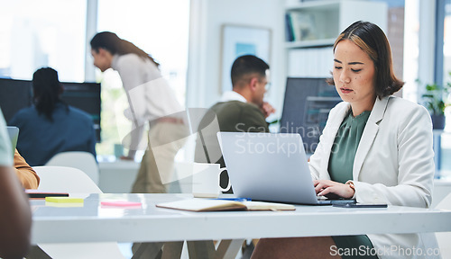 Image of Business, stress and woman with laptop, tired and connection with burnout, depression and research. Person, consultant and employee with pc, search internet and planning with fatigue and overworked