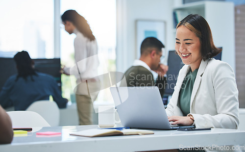 Image of Business, smile and woman with laptop, typing and connection with network, website information and research. Happy person, consultant and employee with pc, search internet and planning in workplace