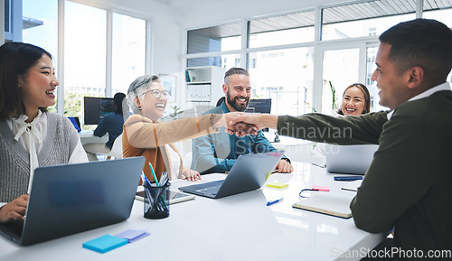 Image of Creative people, handshake and meeting in hiring, partnership or deal agreement together at the office. Group of employees shaking hands in recruiting, company growth or startup at the workplace