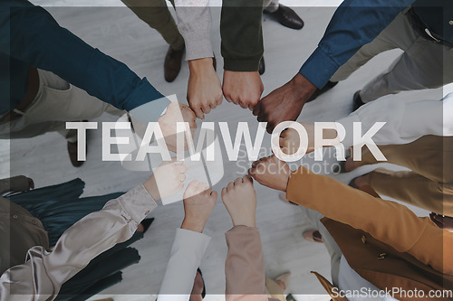 Image of Business people, hands and fist in circle, teamwork or unity above in collaboration, trust or support together at office. Top view of group meeting in community, team building or banner at workplace