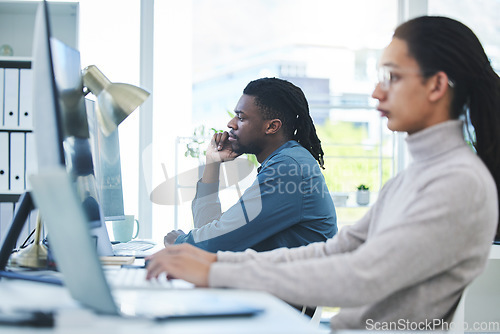 Image of Computer, thinking and employees working in a company or startup agency typing online document or research on internet. Website, web and corporate people in an office doing online communication