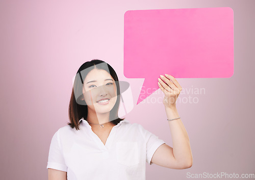 Image of Woman, beauty and speech bubble for communication, skincare forum or cosmetics on pink background. Portrait of asian person with dermatology opinion, questions and chat or FAQ poster mockup in studio