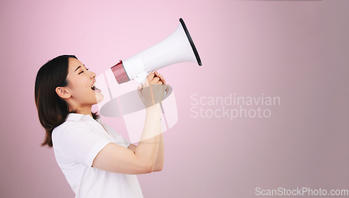 Image of Megaphone announcement, scream or profile woman protest for democracy vote, justice or human rights rally. Speech, studio mockup space or loud speaker noise, communication or voice on pink background