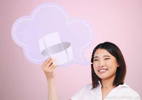 Image of Woman, speech bubble and social media, portrait and voice with dialogue isolated on pink background. Smile, Asian and communication, chat and voice with feedback, FAQ and mockup space in a studio