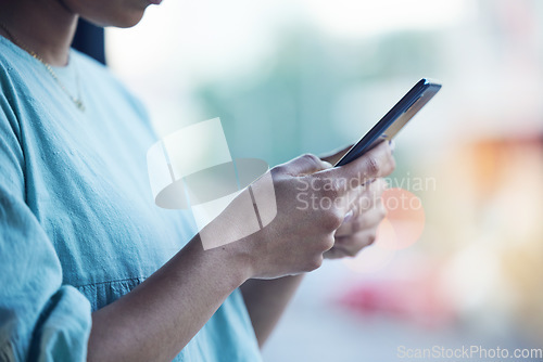 Image of Online, typing and hands of person with phone for social media, browse website and text message. Blurred background, networking and closeup of woman on smartphone for internet, research and email