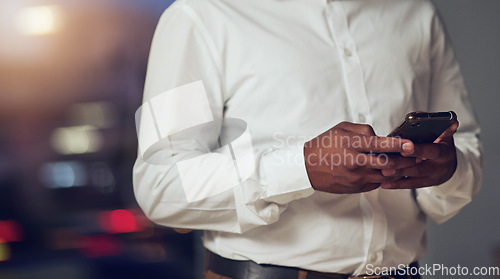 Image of Hands, contact and phone for communication with a business person closeup for networking or browsing. Mobile, app and social media with an employee scrolling on a smartphone to search the internet