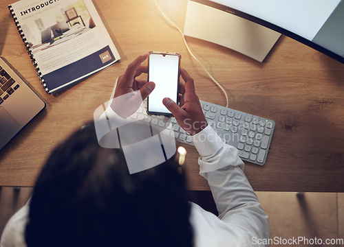 Image of Business person, hands and phone screen for social media, reading chat and communication or marketing at office desk above. Worker or editor typing on mobile app with mockup space for ux or ui design