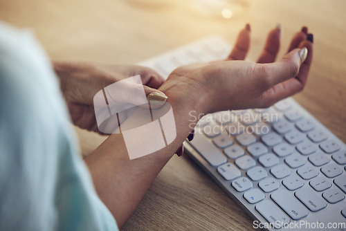 Image of Wrist problem, computer keyboard or woman hands with carpal tunnel syndrome, osteoarthritis or joint pain. Closeup, copywriting typing fatigue and person with arthritis risk, fibromyalgia or injury