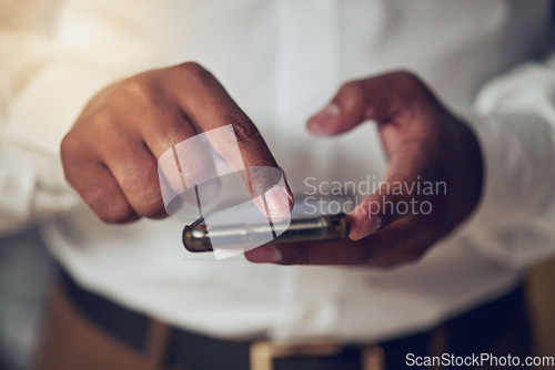 Image of Hands, app and phone for communication with a business person closeup for networking or browsing. Mobile, contact and social media with an employee scrolling on a touchscreen to search the internet