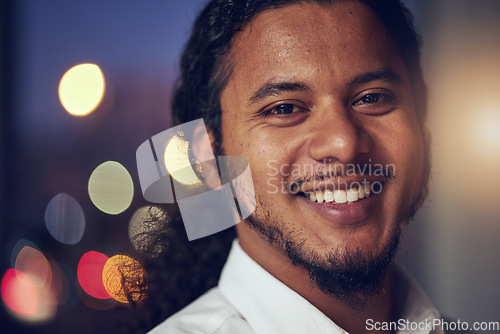 Image of Smile, night and portrait of business man in office for professional, manager and accountant. Pride, corporate and happy with face of employee in finance agency for planning, consulting and economy