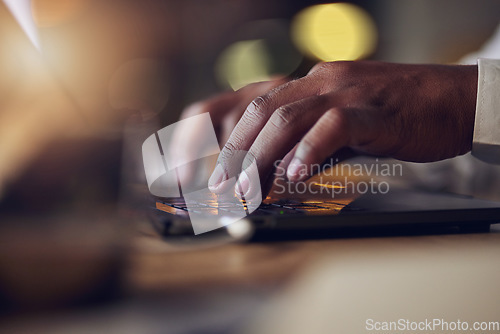 Image of Laptop keyboard, hands and professional person typing journalist story, social media blog and report at night. Closeup, review and news reporter check online article, information or research feedback