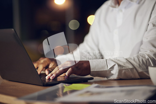 Image of Laptop, hands and professional person typing journalist story, customer experience review and copywriting at night. Closeup, editor or reporter check online article, press information or editing news