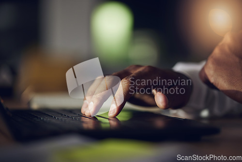 Image of Laptop keyboard, hands and person typing web design, customer experience feedback and SEO research. Closeup, late night development and designer check wireframe, project or editing website layout