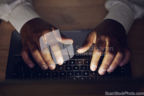 Image of Laptop keyboard, hands and corporate person typing, planning and trading crypto, NFT or invest in stock exchange. Economy, closeup top view and night broker working on research, project or night plan
