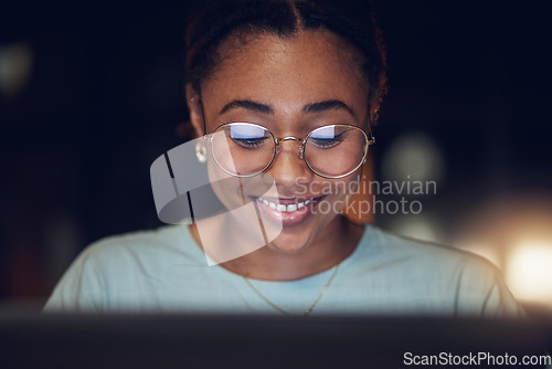 Image of Night, laptop and face of happy woman review journalist story, social media blog and research report. News editor, reading or female writer check online article, editing copywriting or agency project