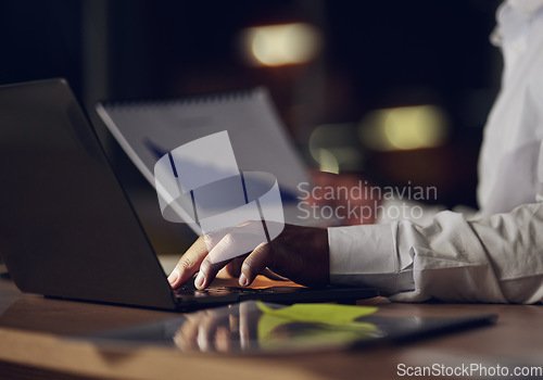 Image of Business person, hands and documents, laptop or data analytics, marketing research and charts or graphs at night. Professional worker typing on computer and paperwork for increase, statistics and SEO