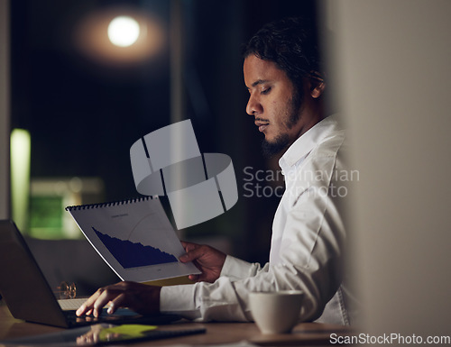 Image of Business man, documents and laptop for data analytics, marketing research and charts, growth or graphs at night. Professional worker typing on computer and paperwork for increase, statistics and SEO