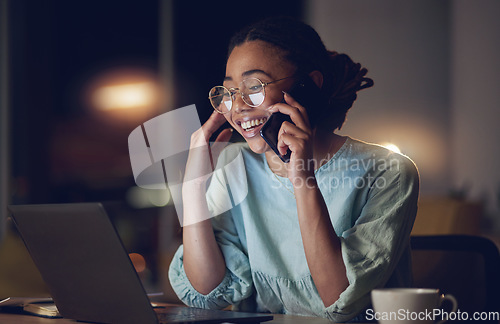 Image of Phone call, office laptop and happy woman laughing at funny conversation, customer experience review and reading night report. Cellphone chat, dark room or computer person smile for online order joke