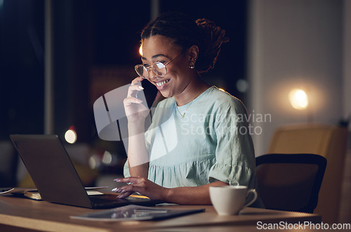 Image of Night phone call, office laptop and happy woman speaking, communication and reading project development, KPI or report. Cellphone, ecommerce discussion and professional person smile for online order