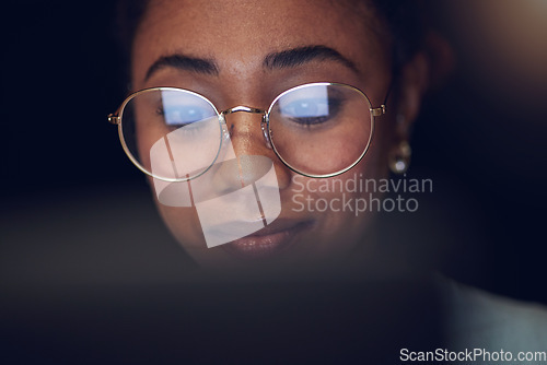 Image of Laptop, student face and night woman reading, studying and learning online information, education or check college database. Analysis, research and closeup person education, working and typing essay