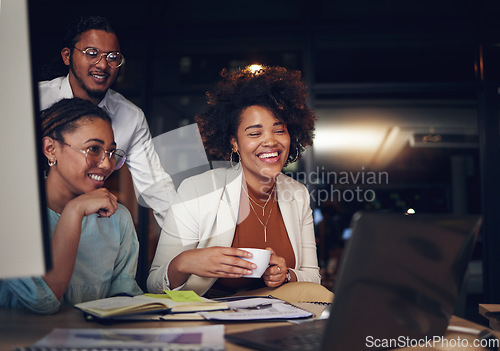 Image of Night, smile and business people with a laptop, teamwork and cooperation with a project, planning or brainstorming. Staff, group or coworkers with a pc, evening or conversation with ideas or feedback