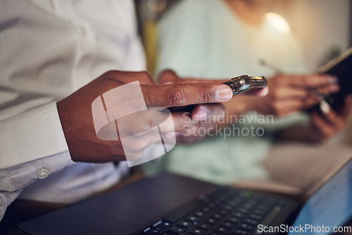 Image of Laptop, typing and hands of person with phone for social media, website and connection in office. Computer, networking and closeup of business man on smartphone for internet, research and email