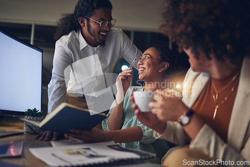 Image of Coffee, office and business team at night in coworking company with work idea and relax. Happy group, tea and staff with drink and latte with creative work ideas and employee with strategy planning