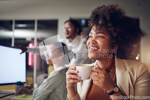 Image of Coffee, office smile and business woman thinking in coworking company with work idea and relax. African female person and staff with drink and latte with creative work ideas and employee planning