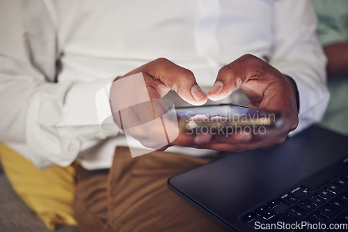 Image of Laptop, online and hands of person with phone for social media, website and connection in office. Computer, networking and closeup of business man on smartphone for internet, research and email