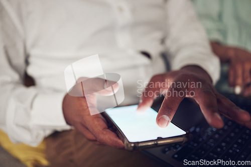 Image of Phone screen, mockup and hands of business person reading online article, media news or texting business contact. Cellphone typing, advertising space or closeup professional user scroll on website UI