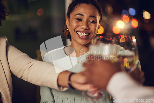 Image of Dinner party, happy woman or friends toast alcohol for birthday support, congratulations or group celebrate at luxury gala. Night people cheers with champagne, wine or drink at fine dining restaurant