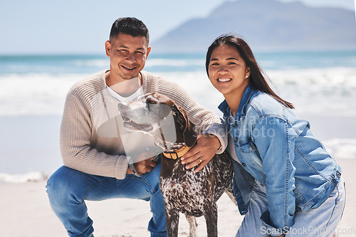 Image of Beach, walking and portrait of couple with dog by ocean for freedom, adventure and bonding in summer. Happy pet, excited canine and man and woman by sea for exercise, wellness and health in nature