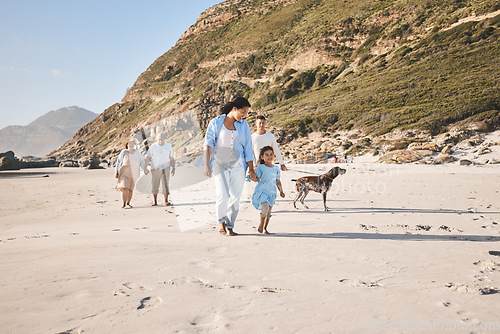 Image of Family, walking and outdoor with a dog at the beach in summer for fun, freedom and vacation. People, child and a pet travel on sand at sea on holiday with health, love and happiness in nature