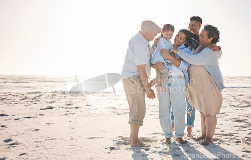 Image of Family, mockup and a girl on the beach with her grandparents in summer for holiday or vacation together. Love, sunset or flare with parents, children and old people by the ocean on banner space