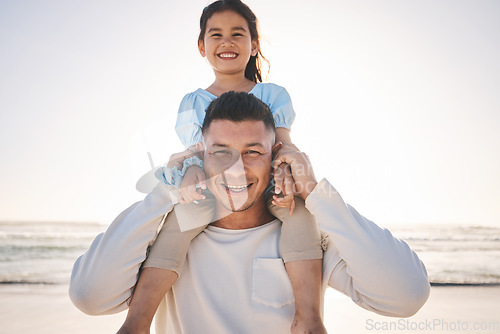 Image of Portrait, carry and father with girl, beach and happiness with love, bonding and island getaway. Family, parent and female child with a smile, seaside holiday or journey with adventure, ocean or care