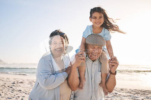 Image of Happy, beach and portrait of girl with her grandparents on a tropical family vacation or adventure. Smile, sunset and kid bonding with her grandmother and grandfather by the ocean on holiday together