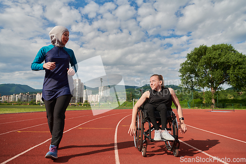 Image of A Muslim woman in a burqa running together with a woman in a wheelchair on the marathon course, preparing for future competitions.