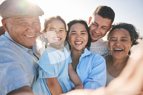 Image of Happy, selfie and portrait of big family on the beach for tropical vacation or adventure together. Smile, love and girl child taking picture with her parents and grandparents by the ocean on holiday.