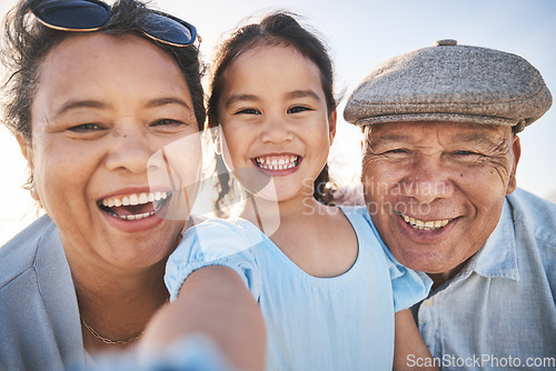 Image of Smile, selfie and portrait of girl with grandparents in nature on fun family vacation or adventure. Happy, memory and child bonding and taking a picture with her grandmother and grandfather on a trip