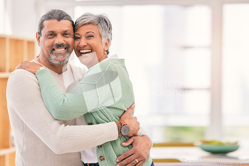 Image of Happy senior couple, portrait and hug with love in living room bonding, romance or embrace together at home. Mature man or woman smile in happiness for loving relationship, affection or quality time
