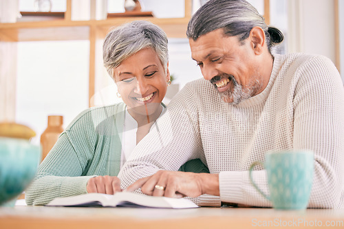 Image of Reading, book and senior couple smile at home with bible study and religion together in marriage. House, happy and elderly people with worship, learning and christian conversation with love and care