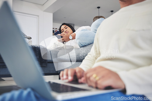 Image of Remote work, phone and a busy couple at home with internet for social media, streaming or chat. A woman on a sofa with a smartphone for network, communication and research in a lounge at a house